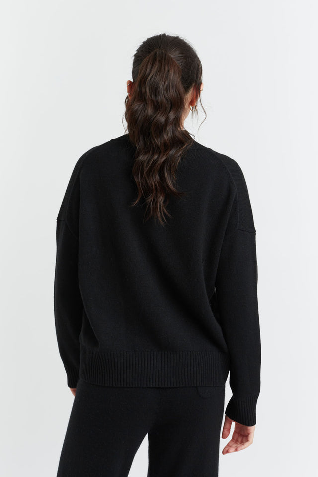 Black Cashmere V-Neck Funnel Sweater image 3