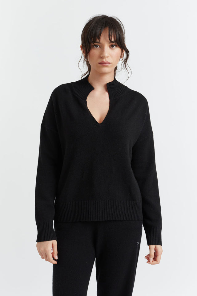 Black Cashmere V-Neck Funnel Sweater image 4