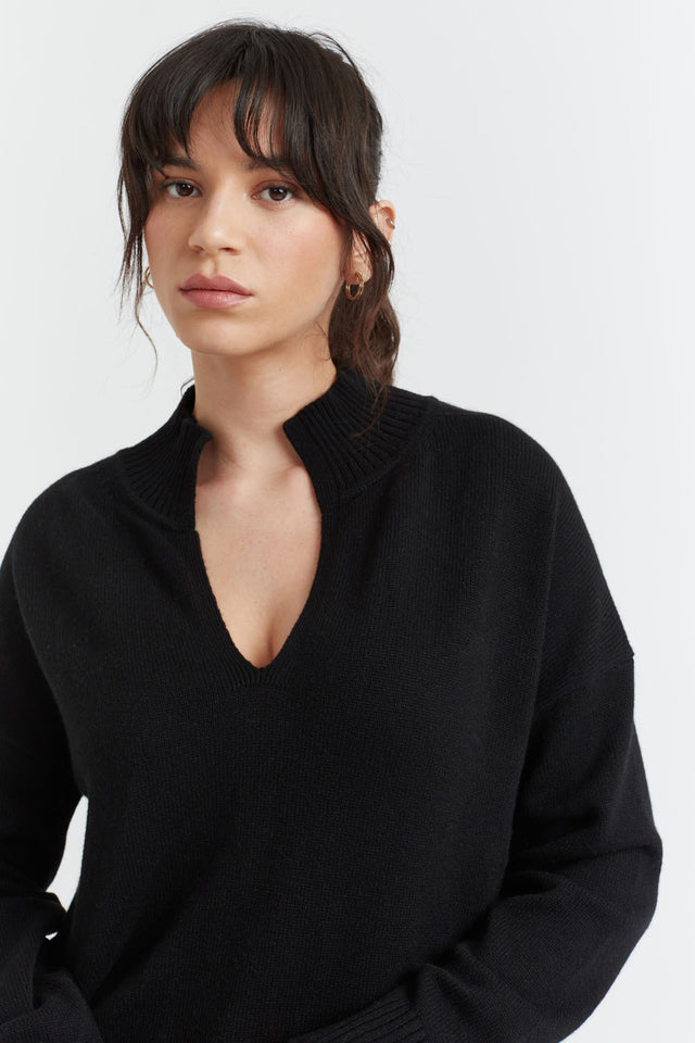 Black Cashmere V-Neck Funnel Sweater image 1
