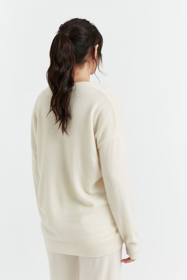 Cream Cashmere V-Neck Sweater image 3