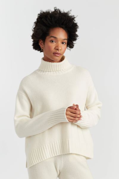 Cream Pure Cashmere Relaxed Rollneck Sweater