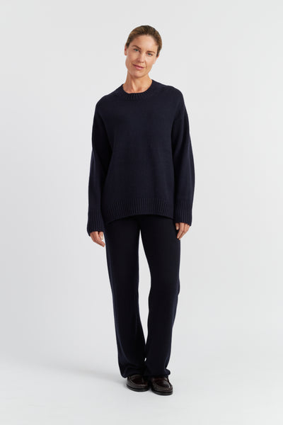 Navy Pure Cashmere Wide-Leg Pants