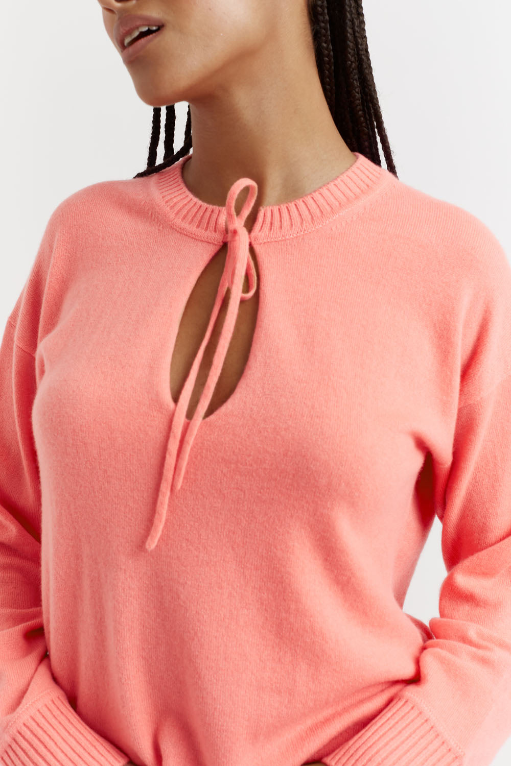 Coral Cashmere Tie Neck Sweater