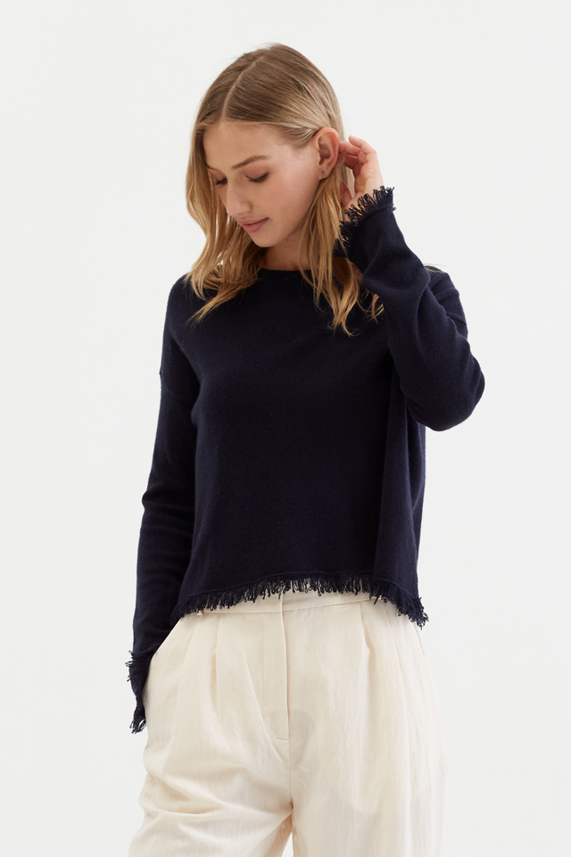 Navy Wool-Cashmere Fringe Sweater image 1