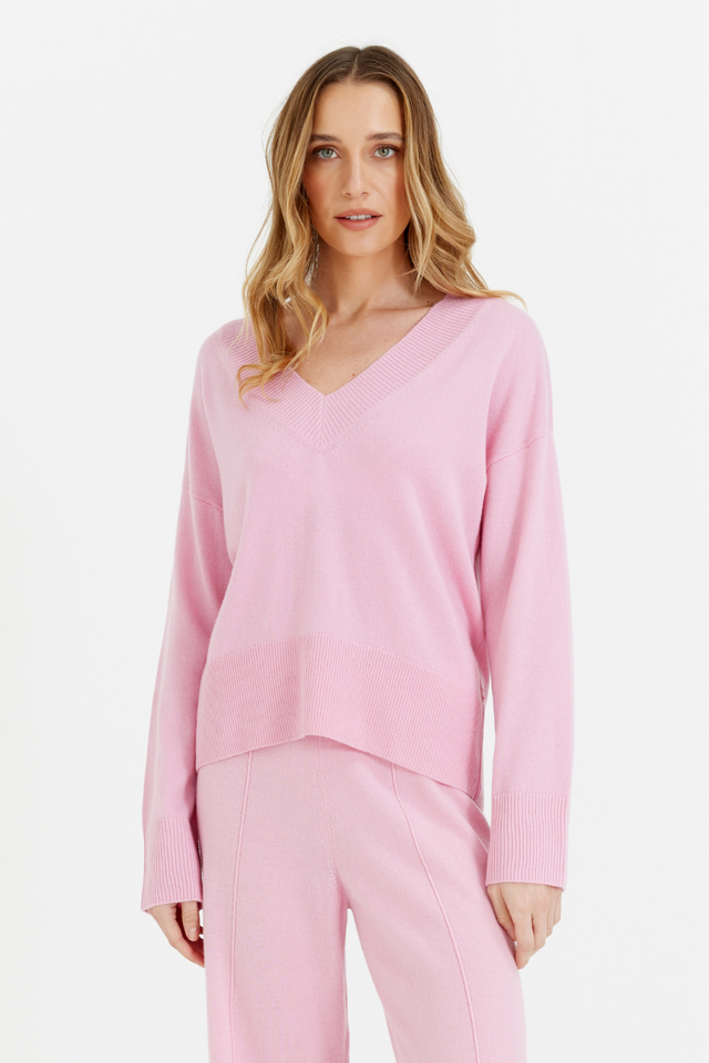 Pink-Lemonade Wool-Cashmere V-Neck Sweater image 4