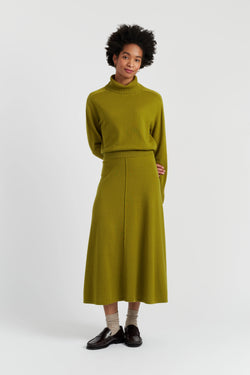 Woman wearing a green sweater and skirt on a white background