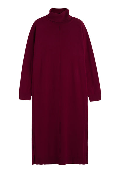 Maroon dress with a high collar on a white background