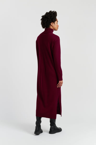 Person wearing a long burgundy dress on a white background