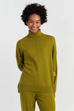 Olive Wool-Cashmere Relaxed Rollneck Sweater