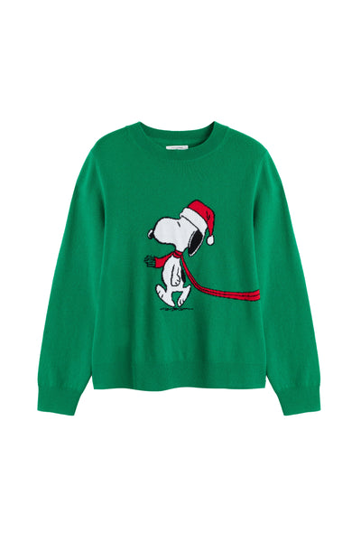 Green sweatshirt with a cartoon character wearing a Santa hat on a white background