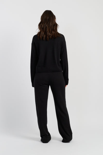 Black Wool-Cashmere Ribbed V-neck Sweater