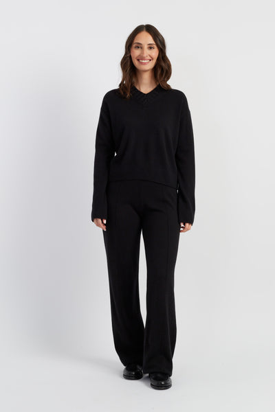 Black Wool-Cashmere Ribbed V-neck Sweater