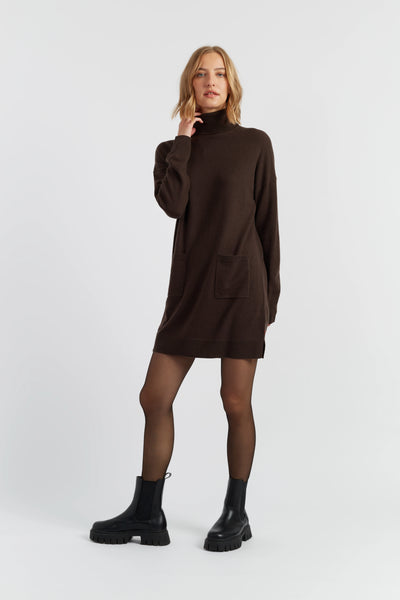 Chocolate Wool-Cashmere Mini Rollneck Dress