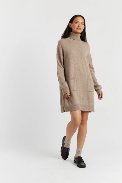 Warm-Oatmeal Wool-Cashmere Mini Rollneck Dress