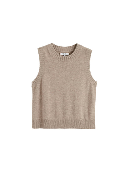 Beige sleeveless knitted sweater on a white background