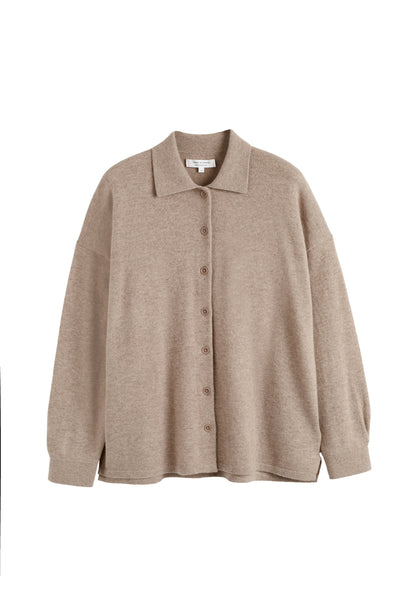 Beige button-up shirt on a white background