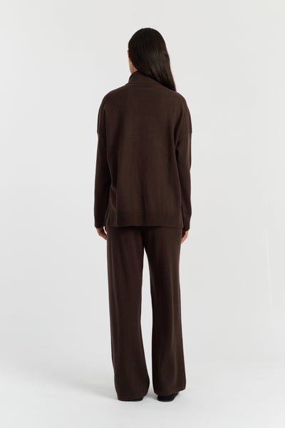 Chocolate Wool-Cashmere Relaxed Rollneck Sweater