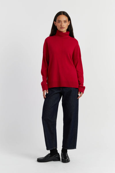 Crimson Wool-Cashmere Relaxed Rollneck Sweater