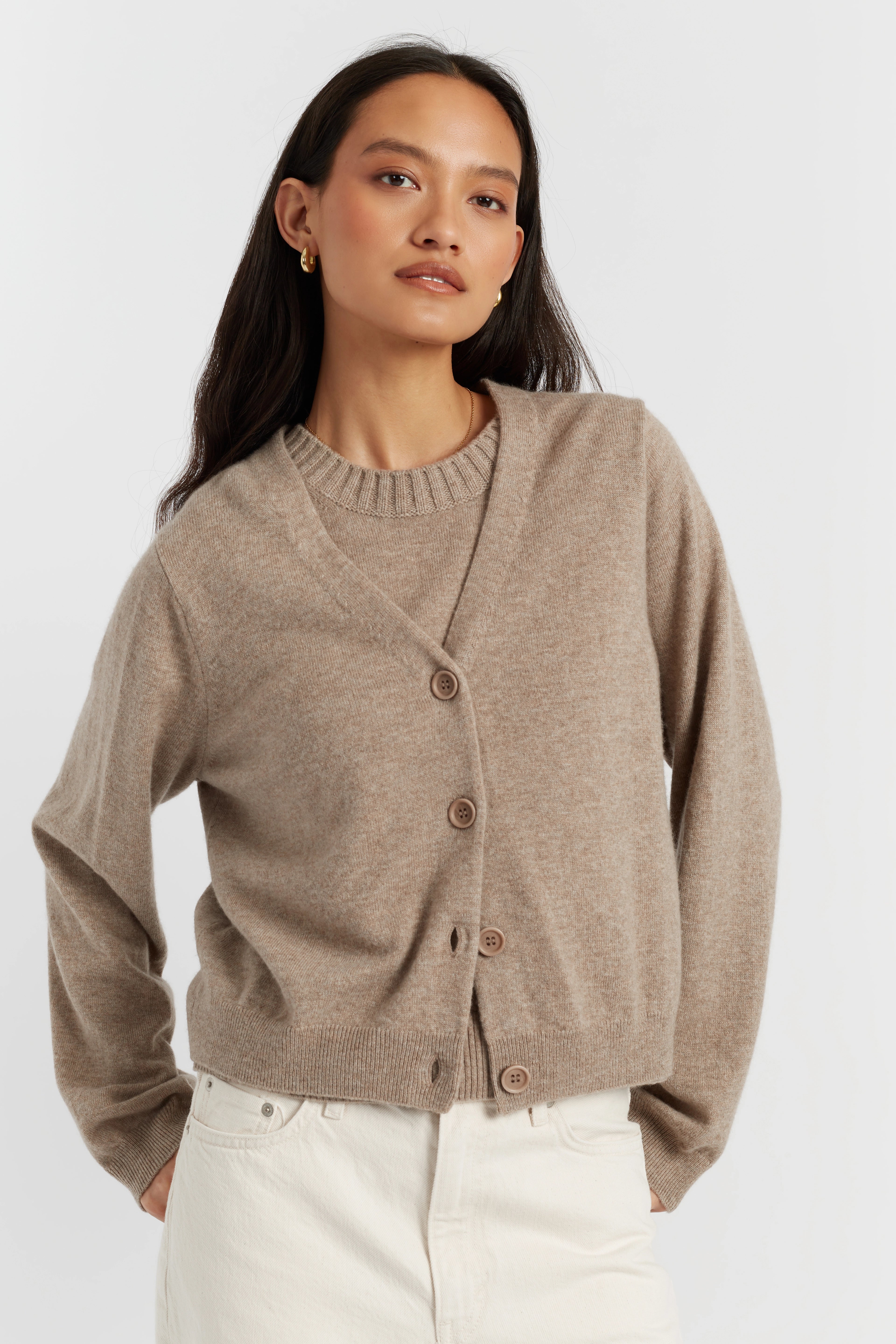 Warm-Oatmeal Wool-Cashmere Cropped Cardigan - Chinti & Parker UK