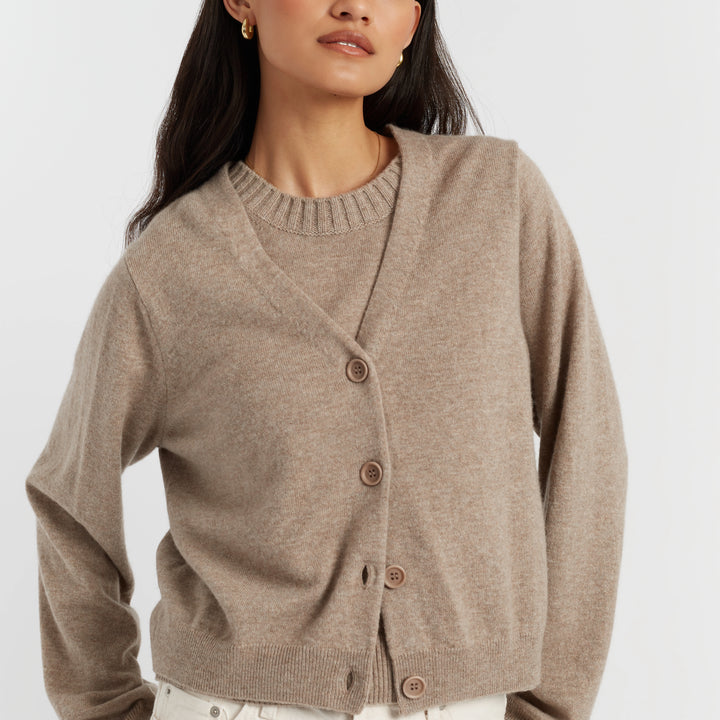 Warm-Oatmeal Wool-Cashmere Cropped Cardigan - Chinti & Parker UK