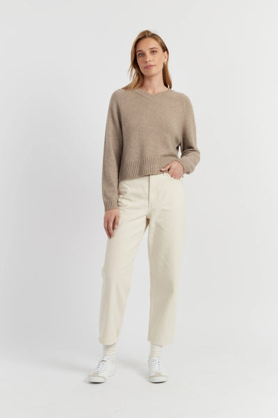 Warm-Oatmeal Pure Cashmere V-Neck Sweater