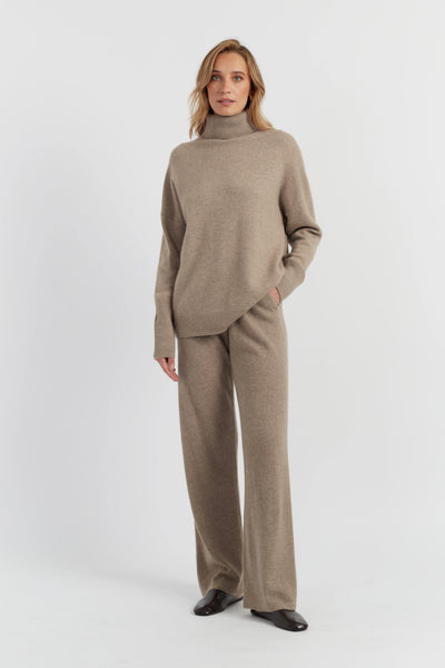 Warm-Oatmeal Pure Cashmere Rollneck Sweater