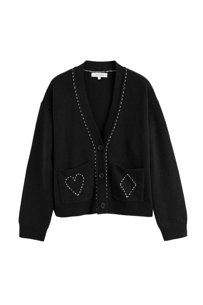 Black cardigan with heart patterns on a white background