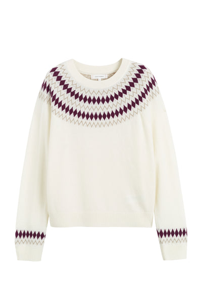 White sweater with purple and red pattern on a white background