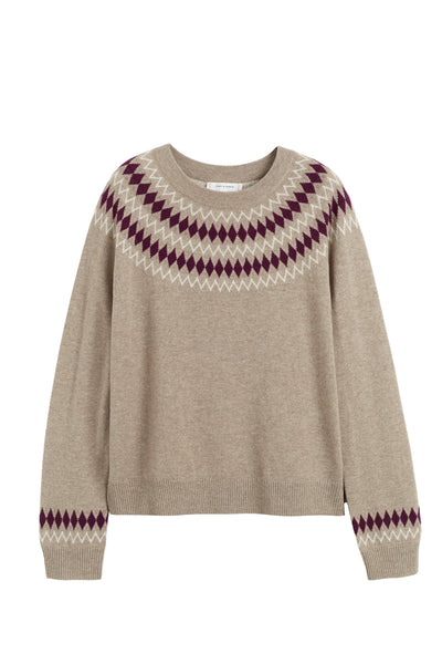 Beige sweater with purple and white pattern on a white background