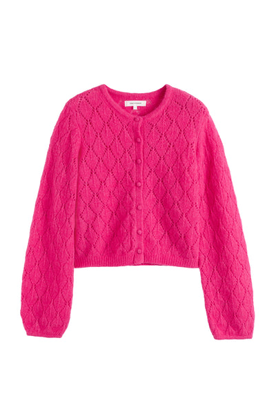 Pink cable knit cardigan on a white background