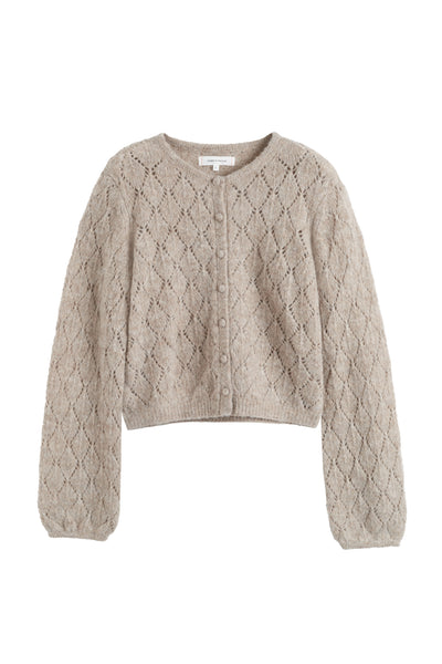 Beige cable knit cardigan on a white background