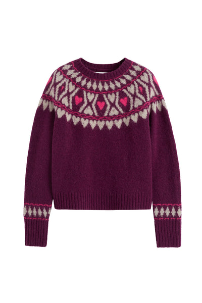 Purple sweater with heart pattern on a white background