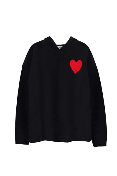 Black Wool-Cashmere Heart Breton Hoodie