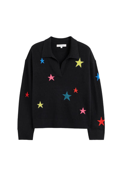 Black sweater with colorful star patterns on a white background