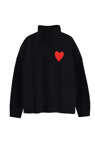 Black turtleneck sweater with a red heart on a white background