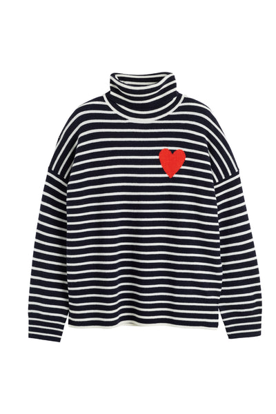 Black and white striped sweater with a red heart on a white background