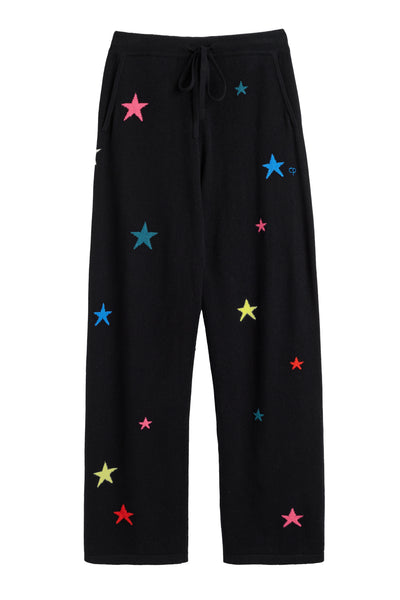 Black pants with colorful star patterns on a white background