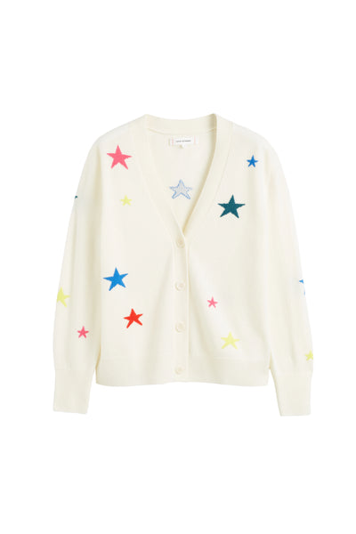 White sweater with colorful star patterns on a white background