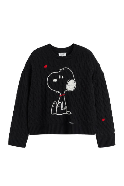 Black sweater with a cartoon character design on a white background
