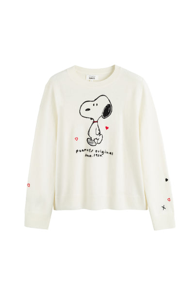 White sweater with a cartoon character design on a white background