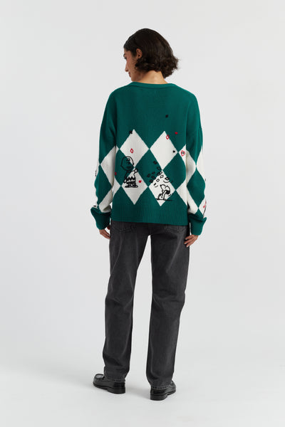Person wearing a green sweater with diamond pattern on a white background