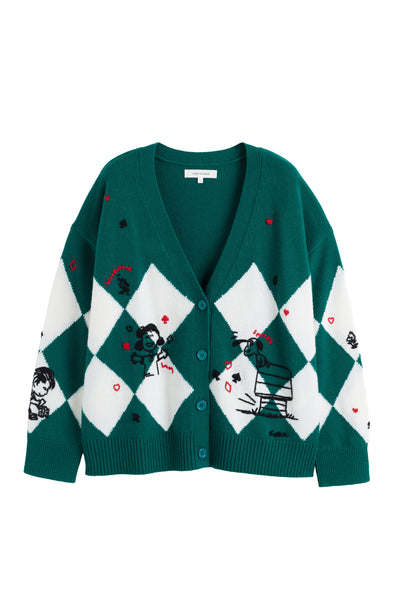 Green cardigan with diamond pattern on a white background