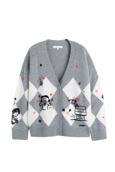Gray cardigan with diamond pattern and cartoon characters on a white background