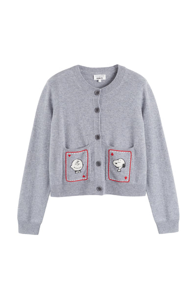 Gray cardigan with red pocket patches on a white background