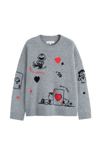 Gray sweater with cartoon character designs on a white background