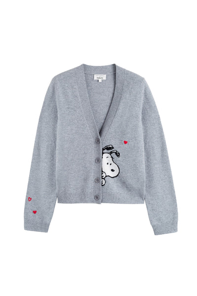Gray cardigan with a cartoon character and heart details on a white background
