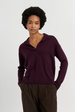 Aubergine Wool-Cashmere Collared Sweater