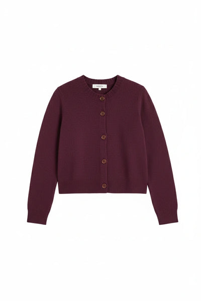 Aubergine Wool-Cashmere Crew Neck Cardigan