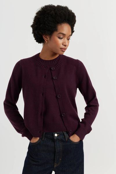 Aubergine Wool-Cashmere Crew Neck Cardigan