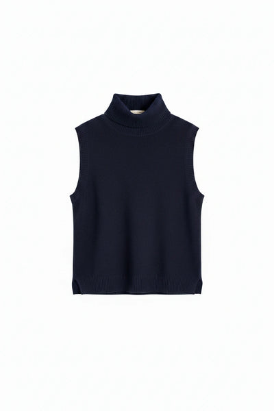 Navy Wool-Cashmere High-Neck Tank